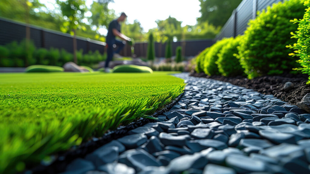 Manicured lawn edge bordered by black river rock landscaping