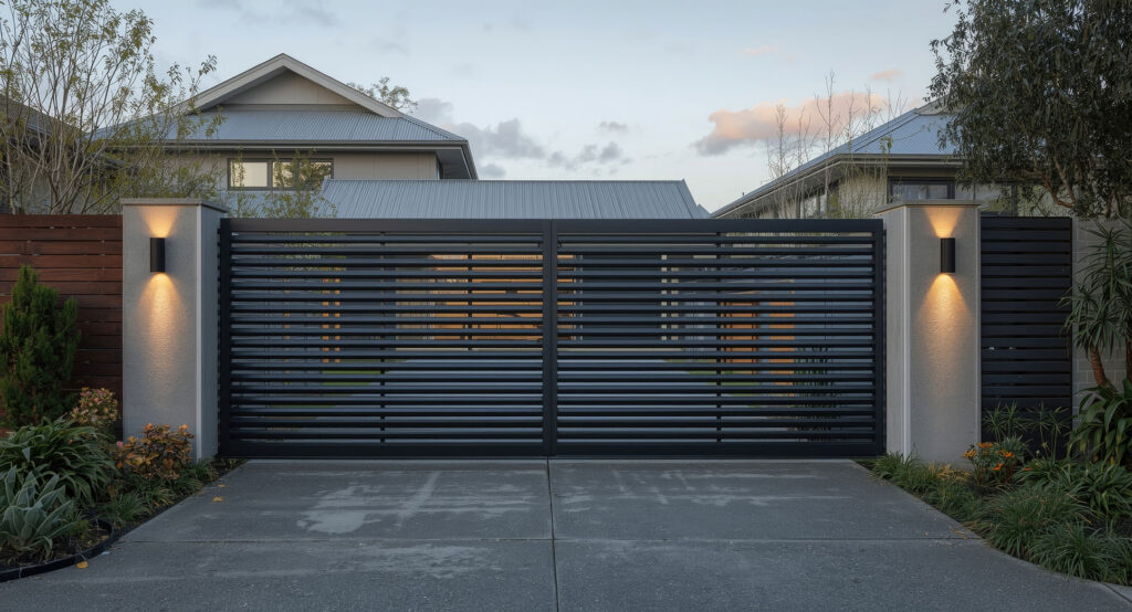 Modern slatted metal driveway gate with accent lighting at dusk