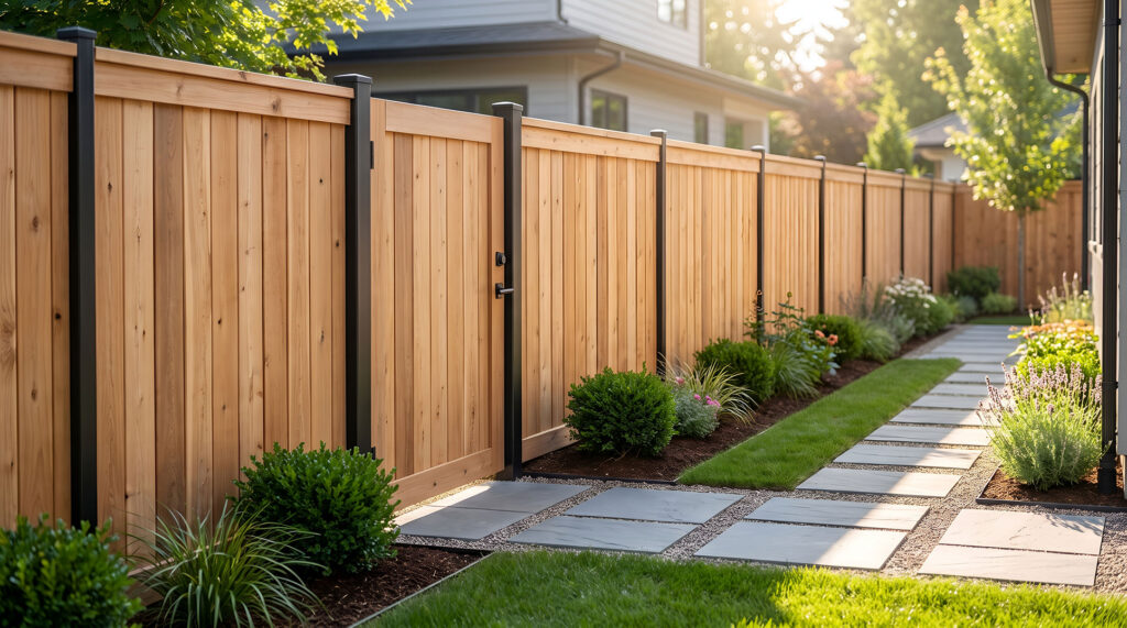 Wooden privacy fence with gate along a stone paver pathway