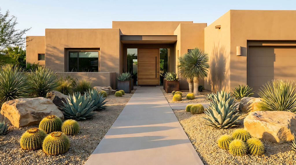 Modern desert landscaping with cacti.