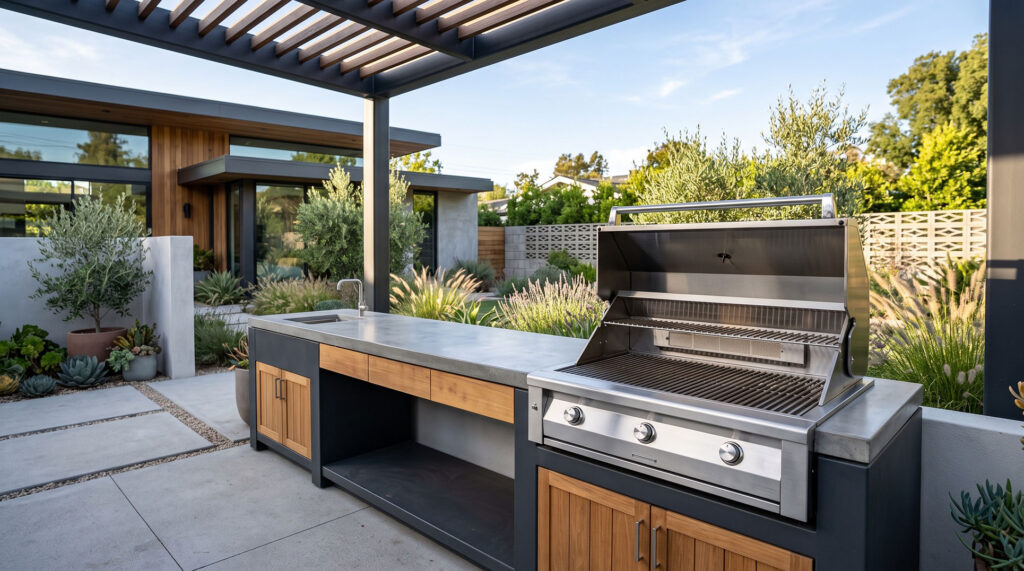 Modern outdoor kitchen with grill.