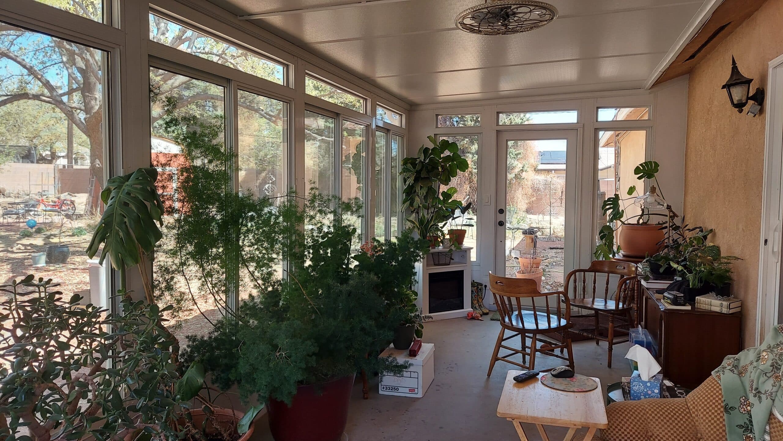 Sunroom interior with plants and a seating area